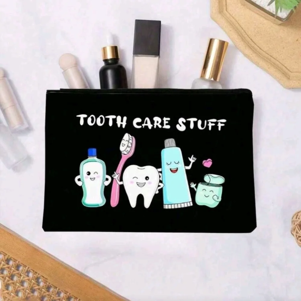 Black Tooth Care Stuff Canvas Zipper Purse Pouch Bag with Fun Teeth Graphics